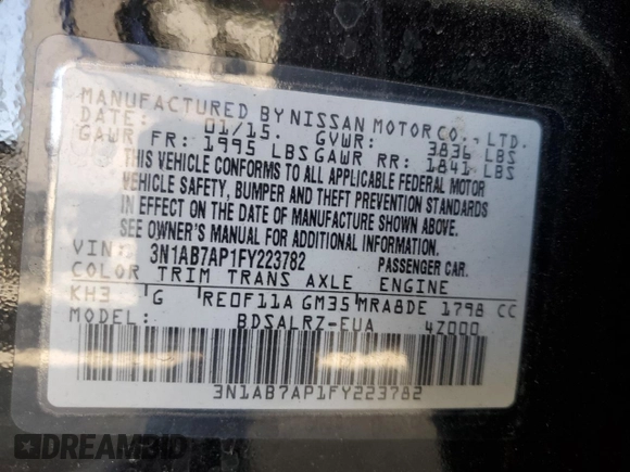 2015 Nissan Sentra SR with VIN 3N1AB7AP1FY223782, listed as a Copart auction lot 54991055 with 78,383 mi miles and Clean Title. Bid and sale history available at DreamBid. Image 12.