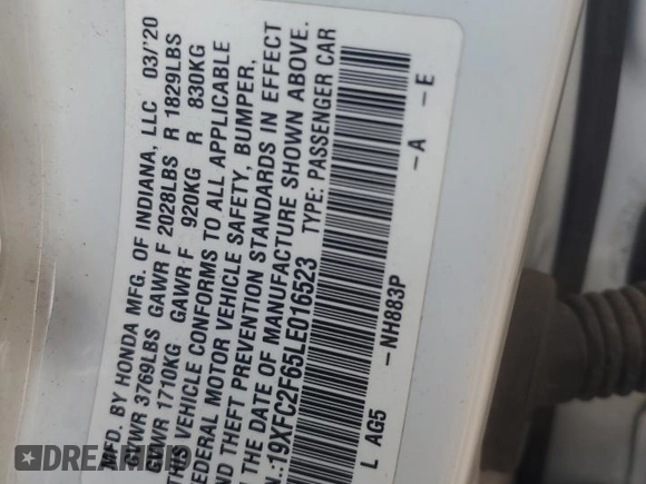 2020 Honda Civic LX z VIN 19XFC2F65LE016523, wystawiony jako Copart lot #55745755 z przebiegiem 66 021 mil mil oraz Szkoda całkowita • Salvage title. Historia ofert i sprzedaży dostępna na DreamBid. Obrazek 12.