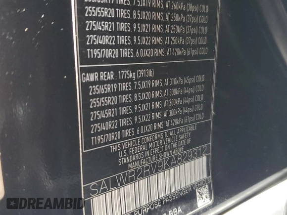 2019 Land Rover Range Rover Sport HSE with VIN SALWR2RV9KA829312, listed as a Copart auction lot 56525735 with 99,498 mi miles and Salvage title. Bid and sale history available at DreamBid. Image 14.