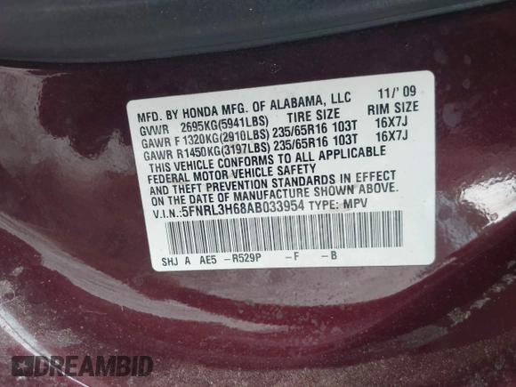 2010 Honda Odyssey EX-L с VIN 5FNRL3H68AB033954, выставлен на аукционе IAAI как лот 42234162 с пробегом 181 018 миль миль и . История ставок и продаж доступна на DreamBid. Изображение 9.