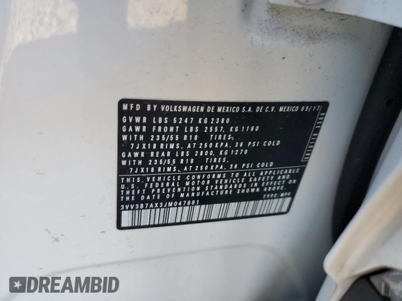 2018 Volkswagen Tiguan SEL z VIN 3VV3B7AX3JM047891, wystawiony jako Copart lot #41615545 z przebiegiem 63 995 mil mil oraz Szkoda całkowita • Salvage title. Historia ofert i sprzedaży dostępna na DreamBid. Obrazek 15.