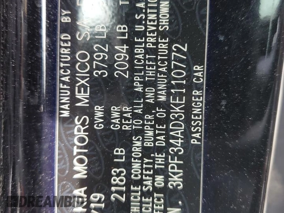 2019 Kia Forte S z VIN 3KPF34AD3KE110772, wystawiony jako Copart lot #55505815 z przebiegiem 123 180 mil mil oraz Szkoda całkowita • Salvage title. Historia ofert i sprzedaży dostępna na DreamBid. Obrazek 12.