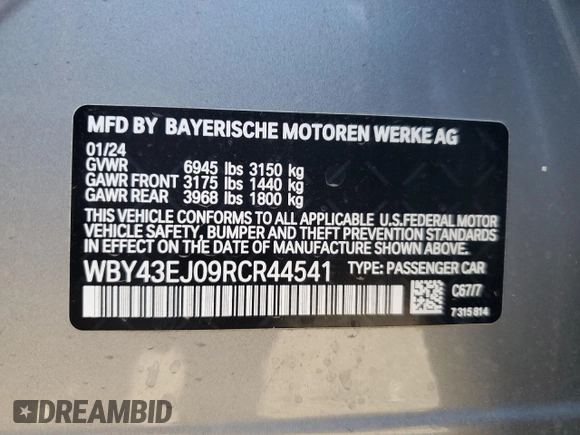 2024 BMW i7 eDrive50 z VIN WBY43EJ09RCR44541, wystawiony jako Copart lot #79568514 z przebiegiem 520 mil mil oraz Szkody całkowita. Historia ofert i sprzedaży dostępna na DreamBid. Obrazek 12.