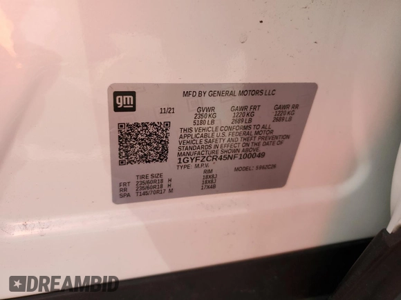 2022 Cadillac XT4 FWD Premium Luxury with VIN 1GYFZCR45NF100049, listed as a Copart auction lot 50213255 with 62,391 mi miles and Salvage title. Bid and sale history available at DreamBid. Image 13.
