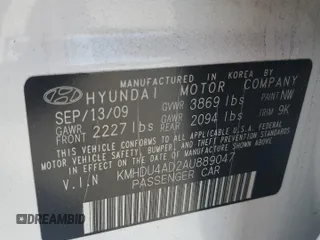 2010 Hyundai Elantra GLS with VIN KMHDU4AD2AU889047, listed as a Copart auction lot 59210735 with 307,475 mi miles and Salvage title. Bid and sale history available at DreamBid. Image 12.