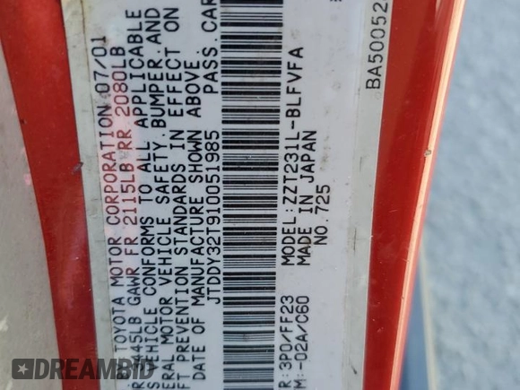 2001 Toyota Celica GTS z VIN JTDDY32T910051985, wystawiony jako Copart lot #77698054 z przebiegiem 158 140 mil mil oraz Szkoda całkowita • Salvage title. Historia ofert i sprzedaży dostępna na DreamBid. Obrazek 13.