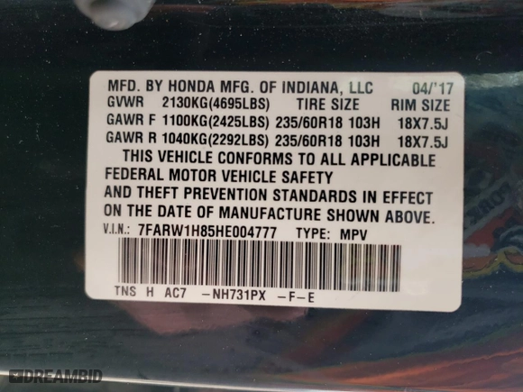 2017 Honda CR-V EX-L with VIN 7FARW1H85HE004777, listed as a Copart auction lot 54179075 with 231,375 mi miles and Salvage Title. Bid and sale history available at carsss.com. Image 14.