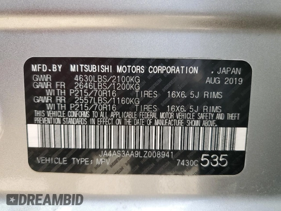 2020 Mitsubishi Eclipse Cross ES with VIN JA4AS3AA9LZ008941, listed as a Copart auction lot 86172674 with 62,748 mi miles and Clean title. Bid and sale history available at DreamBid. Image 14.