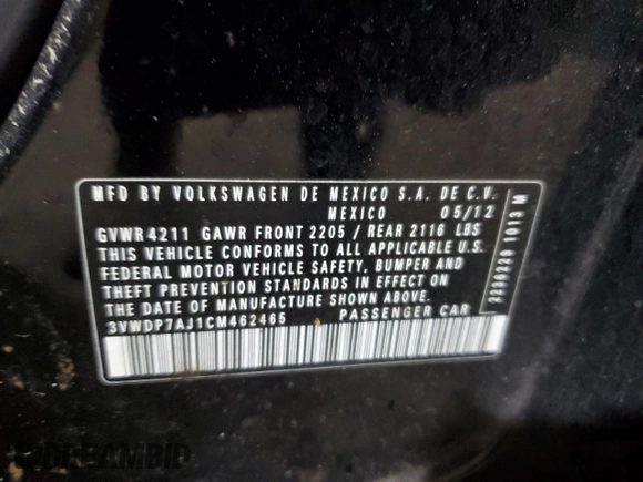 2012 Volkswagen Jetta SE with VIN 3VWDP7AJ1CM462465, listed as a Copart auction lot 59549635 with 238,393 mi miles and Salvage title. Bid and sale history available at DreamBid. Image 13.