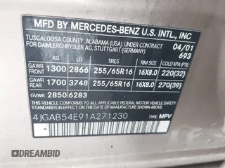 2001 Mercedes-Benz M 320/430/500 with VIN 4JGAB54E91A271230, listed as a IAAI auction lot 41519970 with 229,773 mi miles and . Bid and sale history available at DreamBid. Image 9.