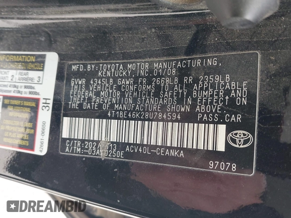 2008 Toyota Camry LE with VIN 4T1BE46K28U784594, listed as a IAAI auction lot 42174822 with 147,350 mi miles and . Bid and sale history available at DreamBid. Image 9.