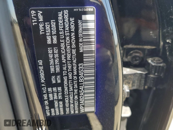2020 Porsche Macan S with VIN WP1AB2A54LLB34533, listed as a Copart auction lot 60100925 with 52,948 mi miles and Salvage title. Bid and sale history available at DreamBid. Image 13.
