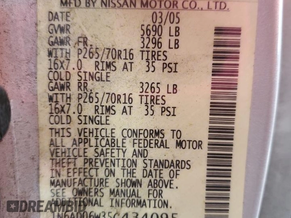 2005 Nissan Frontier LE with VIN 1N6AD06W35C434095, listed as a Copart auction lot 82559744 with 136,085 mi miles and Salvage title. Bid and sale history available at DreamBid. Image 12.