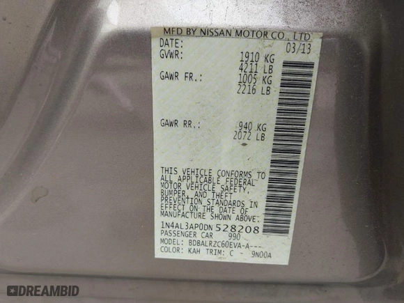 2013 Nissan Altima 2.5 SL with VIN 1N4AL3AP0DN528208, listed as a IAAI auction lot 41895288 with 113,119 mi miles. Bid and sale history available at carsss.com. Image 9.