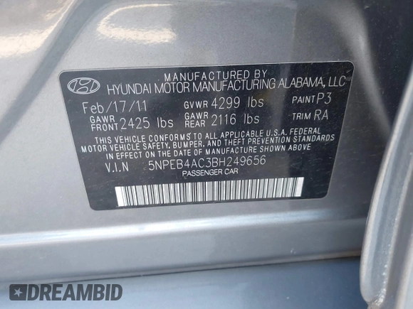 2011 Hyundai Sonata GLS with VIN 5NPEB4AC3BH249656, listed as a IAAI auction lot 41996254 with 112,643 mi miles. Bid and sale history available at carsss.com. Image 9.