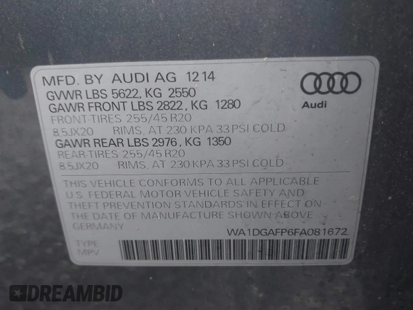 2015 Audi Q5 Premium Plus with VIN WA1DGAFP6FA081672, listed as a IAAI auction lot 41296139 with 93,376 mi miles. Bid and sale history available at carsss.com. Image 9.