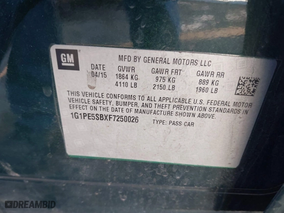 2015 Chevrolet Cruze LT with VIN 1G1PE5SBXF7250026, listed as a IAAI auction lot 41305781 with 139,323 mi miles. Bid and sale history available at carsss.com. Image 9.