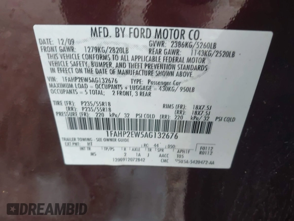 2010 Ford Taurus SEL с VIN 1FAHP2EW5AG132676, выставлен на аукционе IAAI как лот 42124233 с пробегом 81 936 миль миль и . История ставок и продаж доступна на DreamBid. Изображение 9.