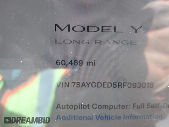 2024 Tesla Model Y with VIN 7SAYGDED5RF093018, listed as a IAAI auction lot 41747467 with 60,469 mi miles and . Bid and sale history available at DreamBid. Image 15.