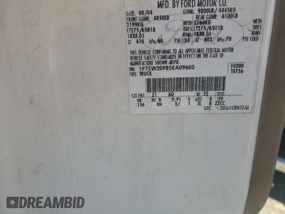 2005 Ford F-250 XL with VIN 1FTSW20P85EA09605, listed as a Copart auction lot 48584835 with 285,117 mi miles and Salvage Title. Bid and sale history available at DreamBid. Image 13.