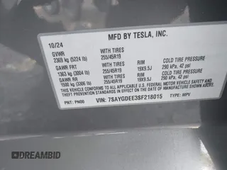 2025 Tesla Model Y Long Range with VIN 7SAYGDEE3SF218015, listed as a IAAI auction lot 41448106 with 1,588 mi miles and . Bid and sale history available at carsss.com. Image 9.