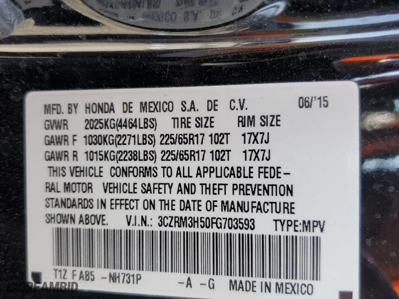2015 Honda CR-V EX with VIN 3CZRM3H50FG703593, listed as a Copart auction lot 52141565 with 67,702 mi miles and Salvage Title. Bid and sale history available at carsss.com. Image 13.