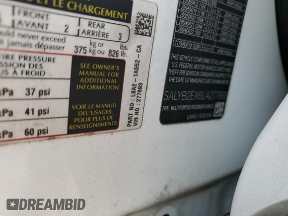 2020 Land Rover Range Rover Velar S with VIN SALYB2EX6LA277693, listed as a Copart auction lot 59381735 with 58,993 mi miles and Salvage title. Bid and sale history available at DreamBid. Image 12.
