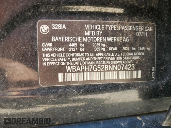 2011 BMW 3 Series 328i с VIN WBAPH7G52BNN07423, выставлен на аукционе Copart как лот 61913975 с пробегом 106 626 миль миль и Чистый • Clean title. История ставок и продаж доступна на DreamBid. Изображение 12.