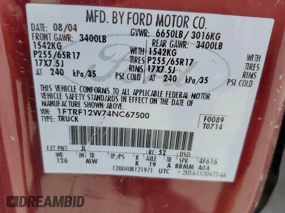 2004 Ford F-150 XL with VIN 1FTRF12W74NC67500, listed as a Copart auction lot 52915375 with Not provided miles and Salvage title. Bid and sale history available at DreamBid. Image 12.
