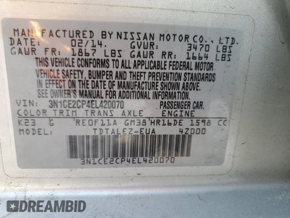 2014 Nissan Note S Plus with VIN 3N1CE2CP4EL420070, listed as a Copart auction lot 49951405 with 95,084 mi miles and Salvage Title. Bid and sale history available at DreamBid. Image 12.