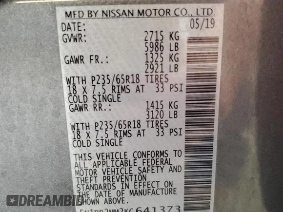 2019 Nissan Pathfinder SL with VIN 5N1DR2MM2KC641373, listed as a Copart auction lot 62088765 with 65,279 mi miles and Salvage title. Bid and sale history available at DreamBid. Image 13.
