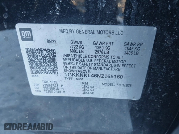 2022 GMC Acadia SLE with VIN 1GKKNKL46NZ165160, listed as a IAAI auction lot 41608269 with 48,018 mi miles. Bid and sale history available at carsss.com. Image 9.