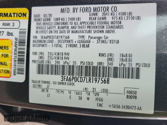 2020 Ford Fusion SEL with VIN 3FA6P0CD7LR197568, listed as a IAAI auction lot 42725343 with 111,304 mi miles and . Bid and sale history available at DreamBid. Image 24.
