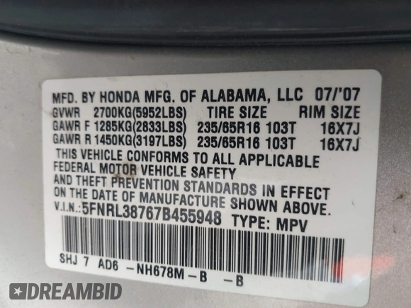 2007 Honda Odyssey EX-L with VIN 5FNRL38767B455948, listed as a IAAI auction lot 42154879 with 232,645 mi miles and . Bid and sale history available at DreamBid. Image 9.
