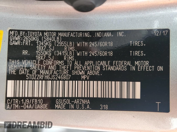 2018 Toyota Highlander LE with VIN 5TDZZRFH6JS246807, listed as a Copart auction lot 52242345 with 116,882 mi miles and Salvage title. Bid and sale history available at DreamBid. Image 12.