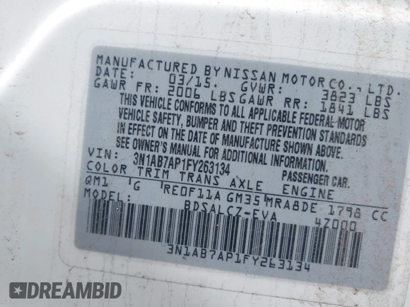2015 Nissan Sentra SR with VIN 3N1AB7AP1FY263134, listed as a IAAI auction lot 41933142 with 160,232 mi miles and . Bid and sale history available at DreamBid. Image 9.