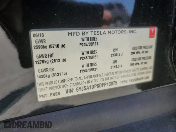 2013 Tesla Model S Performance с VIN 5YJSA1DP8DFP13075, выставлен на аукционе Copart как лот 59575955 с пробегом 106 169 миль миль и Чистый • Clean title. История ставок и продаж доступна на DreamBid. Изображение 12.