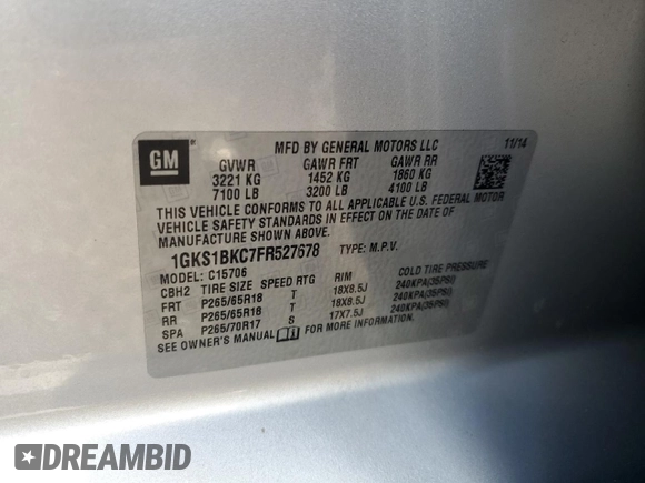 2015 GMC Yukon SLT z VIN 1GKS1BKC7FR527678, wystawiony jako Copart lot #53356615 z przebiegiem 110 125 mil mil oraz Szkoda całkowita • Salvage title. Historia ofert i sprzedaży dostępna na DreamBid. Obrazek 15.