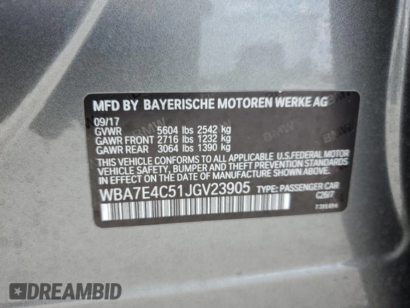 2018 BMW 7 Series 740i xDrive with VIN WBA7E4C51JGV23905, listed as a Copart auction lot 46949643 with 33,842 mi miles. Bid and sale history available at carsss.com. Image 12.