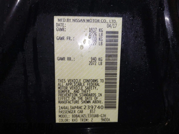 2017 Nissan Altima SV with VIN 1N4AL3AP4HC239740, listed as a IAAI auction lot 41971212 with 104,823 mi miles and . Bid and sale history available at carsss.com. Image 9.