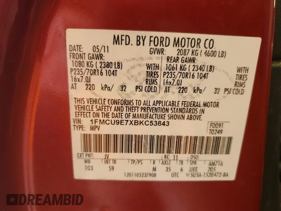 2011 Ford Escape Limited with VIN 1FMCU9E7XBKC53843, listed as a Copart auction lot 51380575 with 214,490 mi miles and Salvage Title. Bid and sale history available at DreamBid. Image 13.