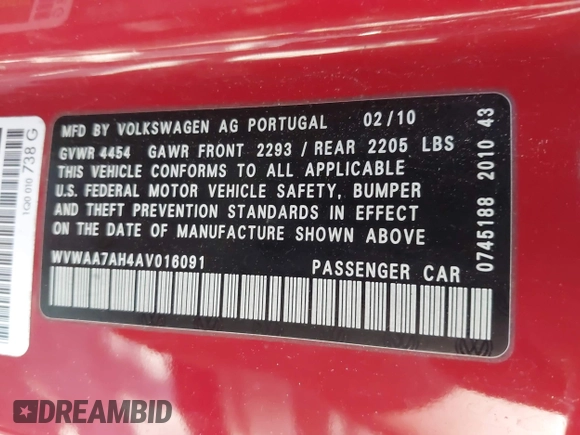 2010 Volkswagen Eos with VIN WVWAA7AH4AV016091, listed as a IAAI auction lot 42138443 with 174,957 mi miles and . Bid and sale history available at DreamBid. Image 9.