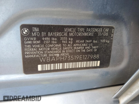2009 BMW 3 Series 328i z VIN WBAPH73519E127988, wystawiony jako Copart lot #55259935 z przebiegiem Nie podano mil oraz Szkoda całkowita • Salvage title. Historia ofert i sprzedaży dostępna na DreamBid. Obrazek 12.