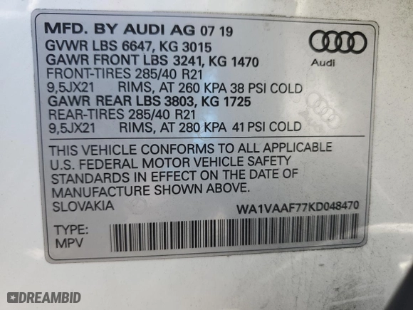 2019 Audi Q7 Prestige with VIN WA1VAAF77KD048470, listed as a Copart auction lot 51575365 with 78,053 mi miles and Salvage Title. Bid and sale history available at carsss.com. Image 12.