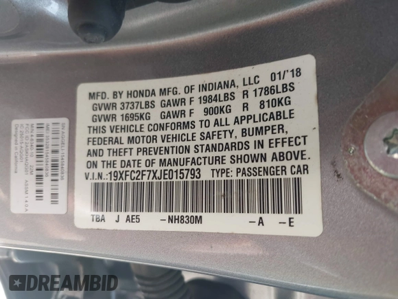 2018 Honda Civic EX with VIN 19XFC2F7XJE015793, listed as a IAAI auction lot 41991788 with 115,137 mi miles and . Bid and sale history available at DreamBid. Image 9.