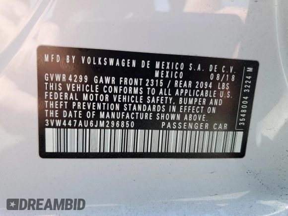 2018 Volkswagen GTI S with VIN 3VW447AU6JM296850, listed as a Copart auction lot 62010284 with 76,138 mi miles and Non Repairable. Bid and sale history available at DreamBid. Image 12.