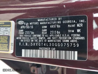 2016 Kia Optima LX with VIN 5XXGT4L30GG075759, listed as a IAAI auction lot 42024856 with 113,740 mi miles. Bid and sale history available at carsss.com. Image 9.