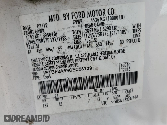 2012 Ford F-250 XL with VIN 1FTBF2A69CEC58739, listed as a Copart auction lot 51426305 with 81,337 mi miles and Salvage title. Bid and sale history available at DreamBid. Image 12.