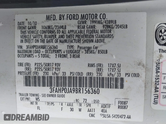 2011 Ford Fusion SEL with VIN 3FAHP0JA9BR156360, listed as a IAAI auction lot 41723154 with 189,984 mi miles. Bid and sale history available at carsss.com. Image 9.