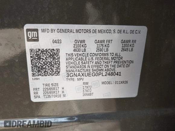 2023 Chevrolet Equinox LT with VIN 3GNAXUEG0PL248041, listed as a IAAI auction lot 42024733 with 56,458 mi miles and . Bid and sale history available at DreamBid. Image 9.
